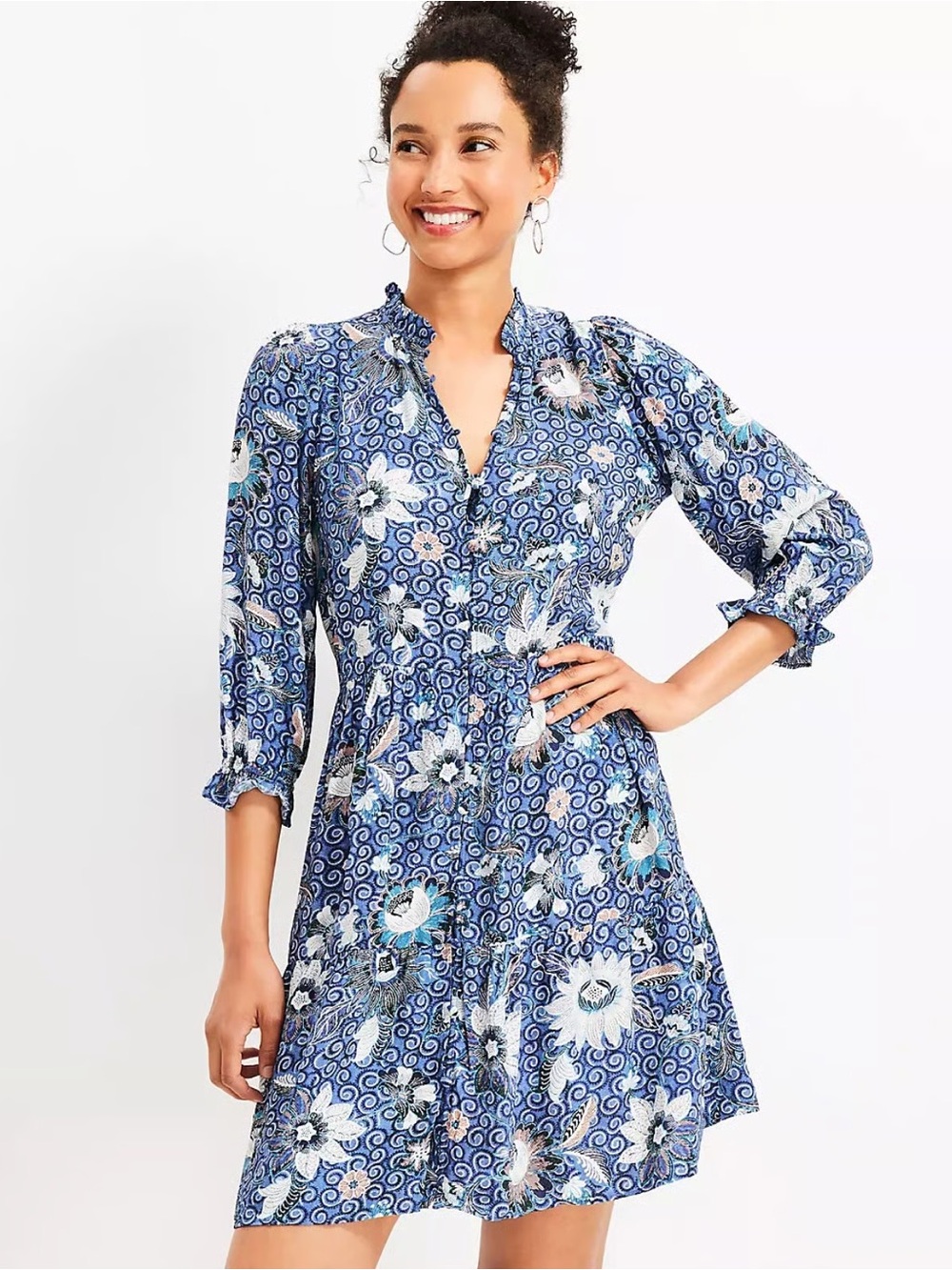 LOFT Dahlia Floral Ruffle Button Mini/Midi Dress.